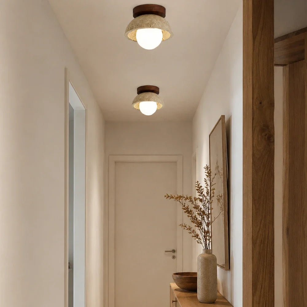 Designed in travertine and wood