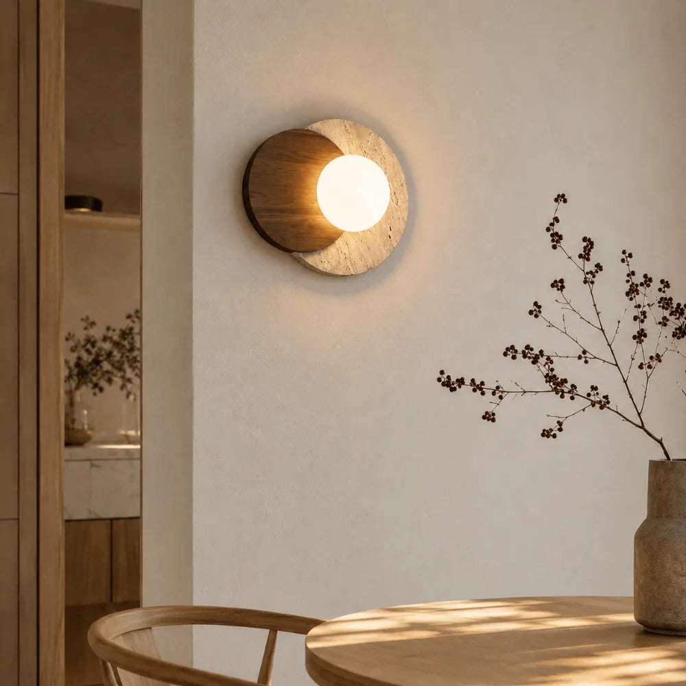Designed in travertine and wood