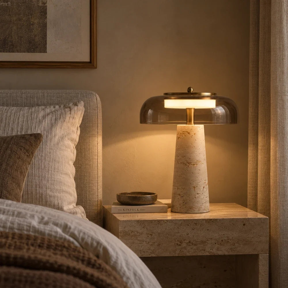 Designed in travertine and glass
