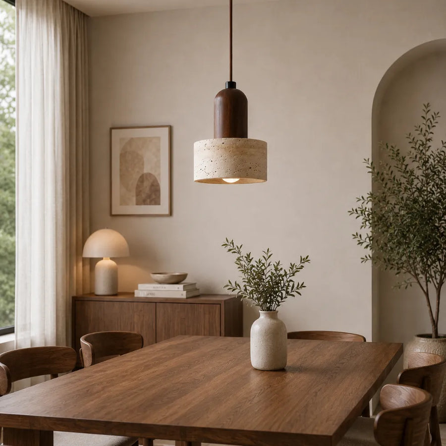 Løvik Travertine & Wood Pendant Light