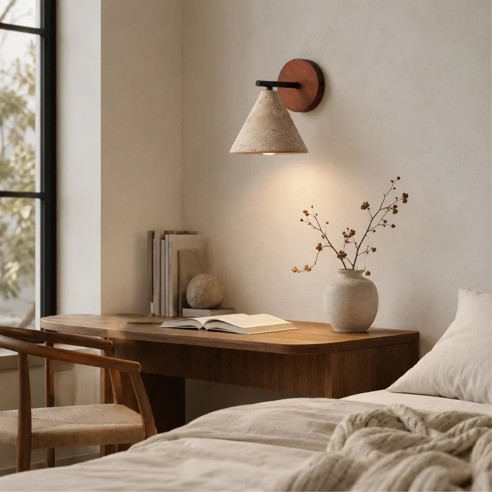Designed in travertine and wood