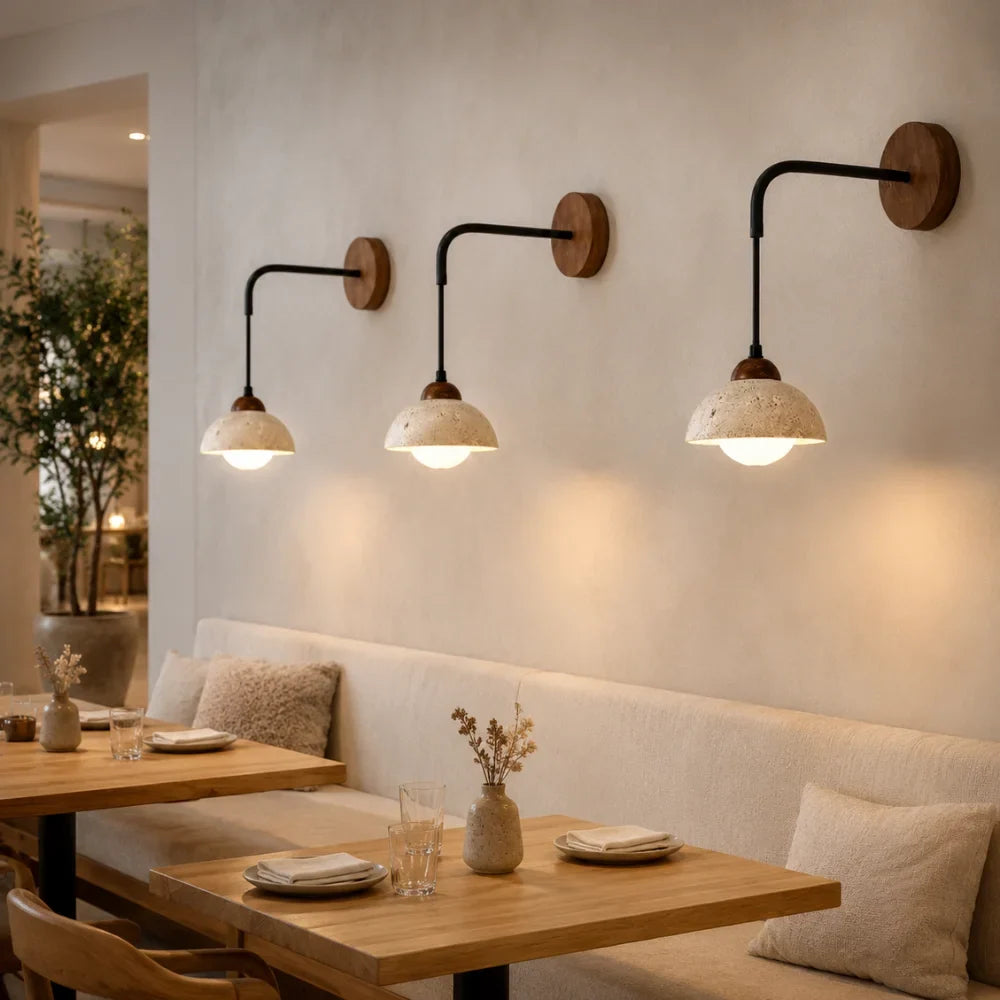 Designed in travertine and wood