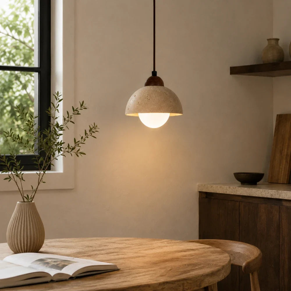 Designed in travertine and wood
