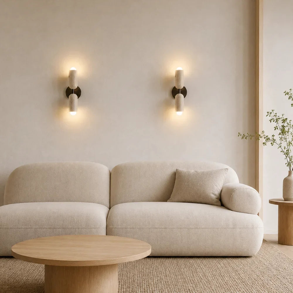 Designed in travertine and wood