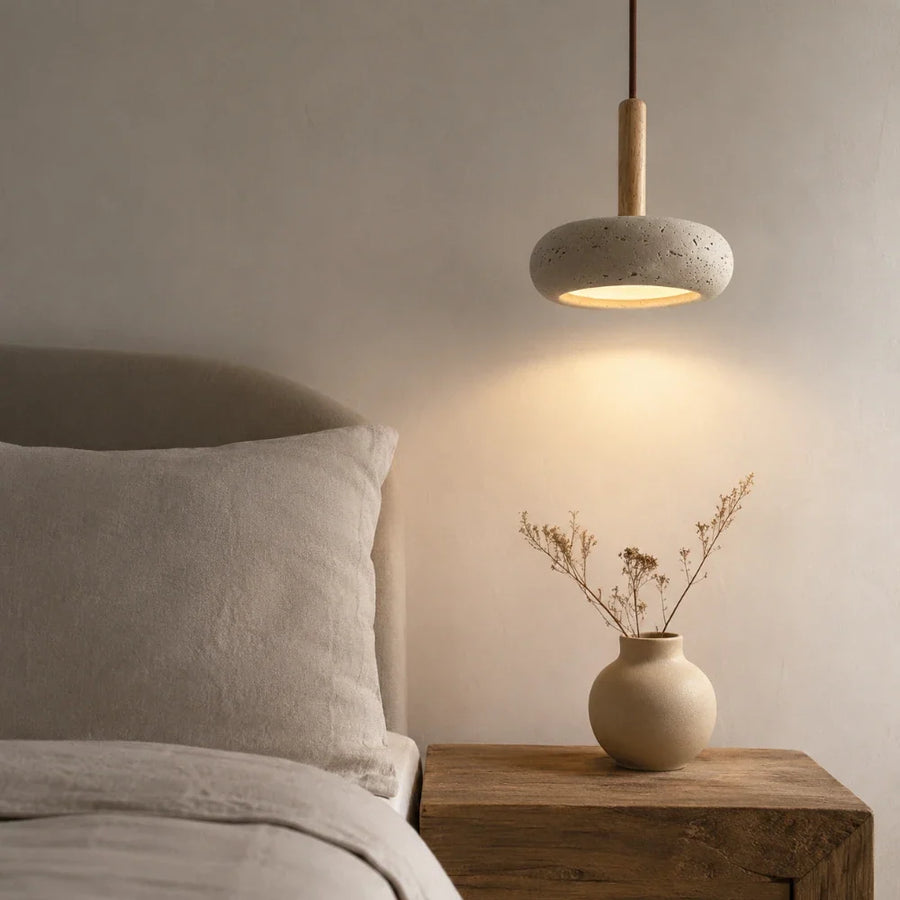 Elys Scandinavian Travertine & Wood Pendant Light
