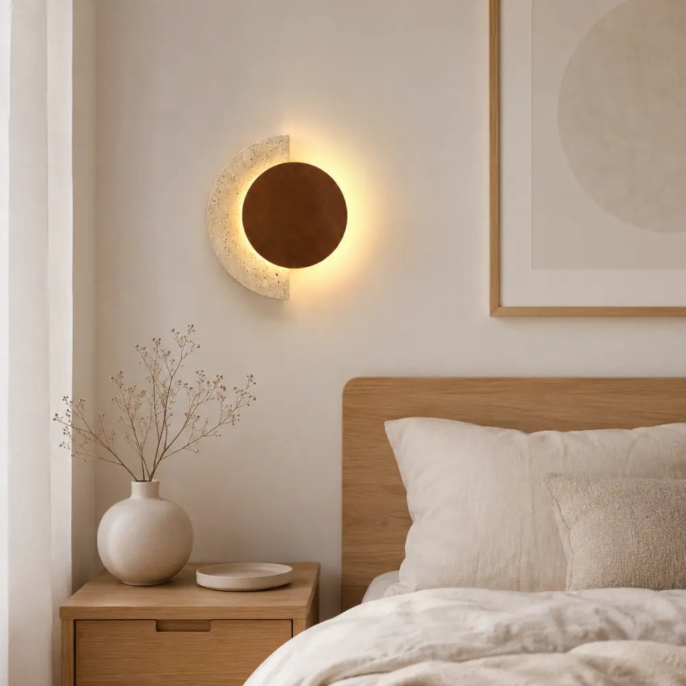 Designed in travertine and wood