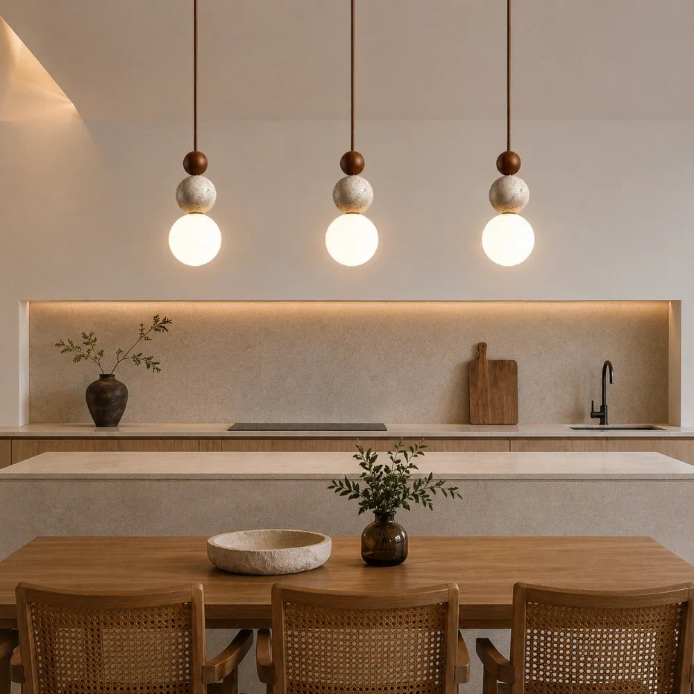 Eiken Travertine & Wood Pendant Light