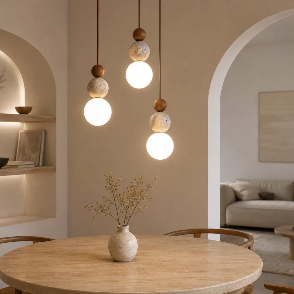 Eiken Travertine & Wood Pendant Light