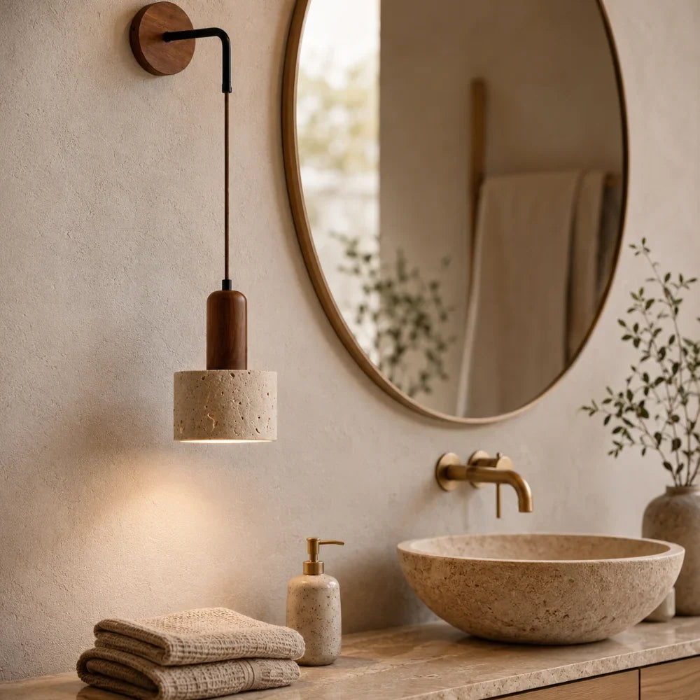 Elvik Travertine & Wood Wall Light