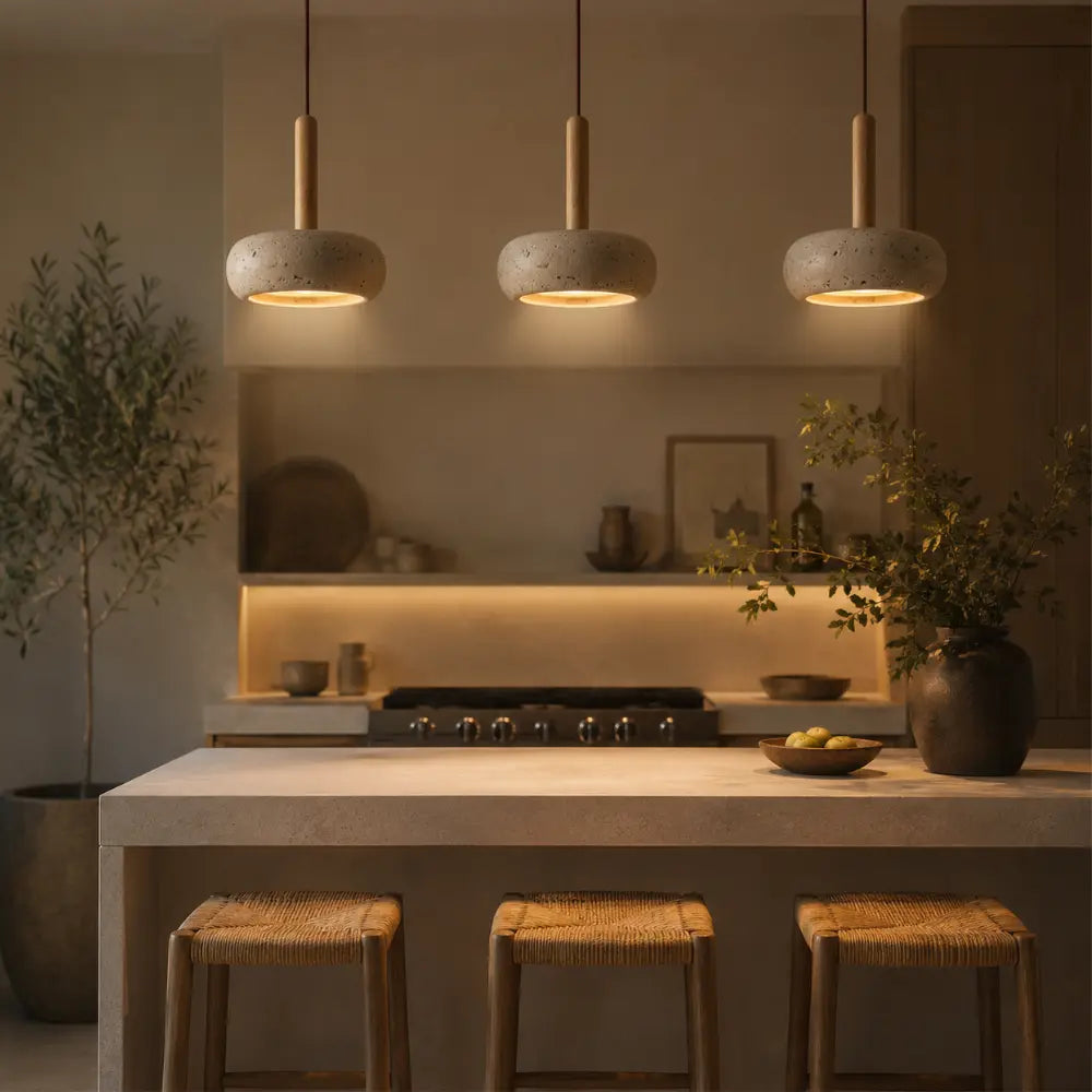 Elys Scandinavian Travertine & Wood Pendant Light