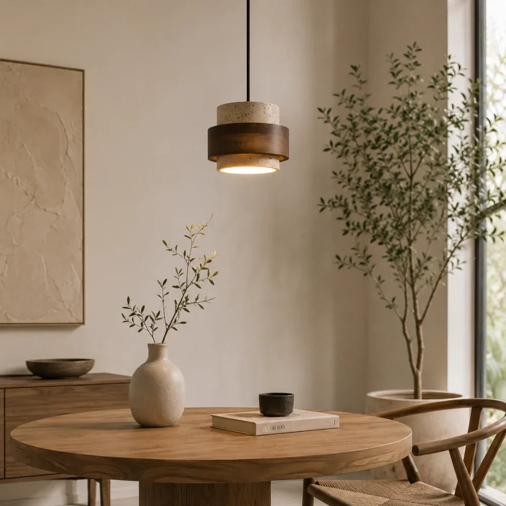Frya Travertine & Wood Pendant Light
