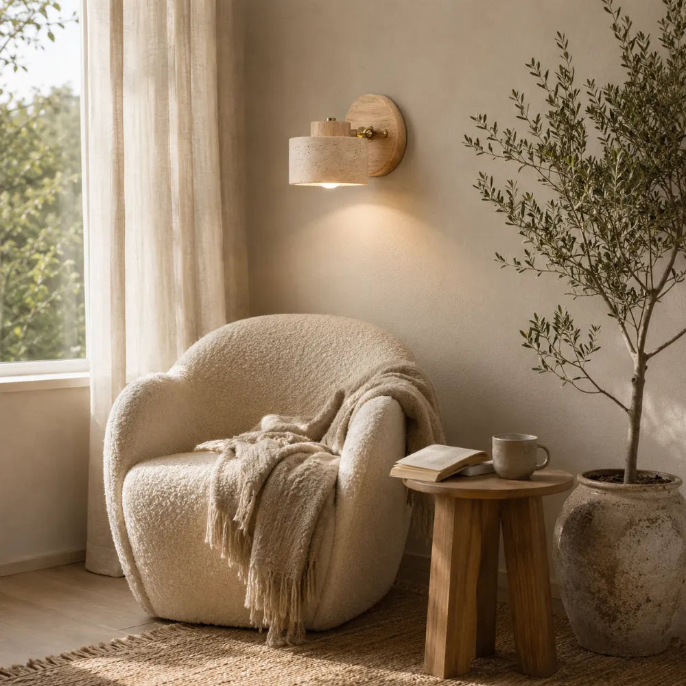 Kiven Travertine & Wood Wall Light