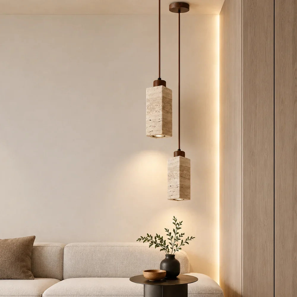 Koben Scandinavian Travertine & Wood Pendant Light