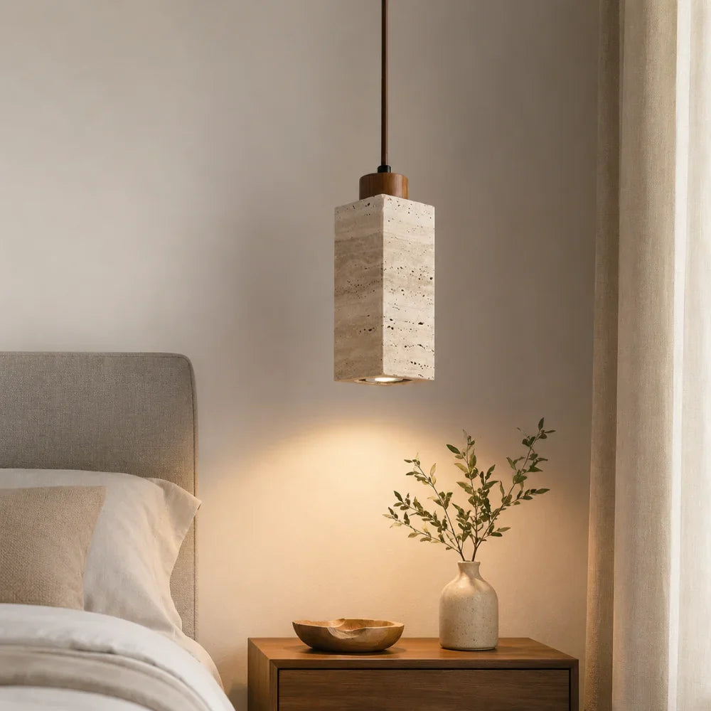 Koben Scandinavian Travertine & Wood Pendant Light