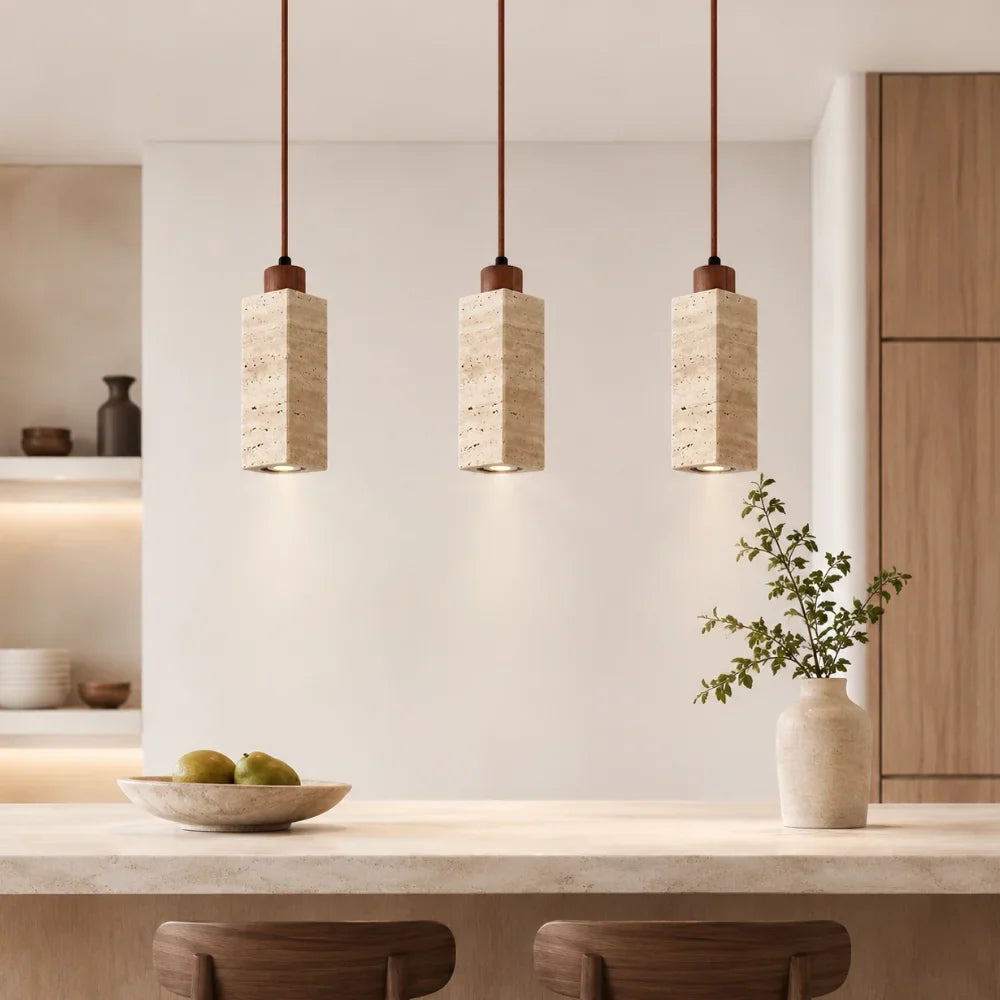 Koben Scandinavian Travertine & Wood Pendant Light