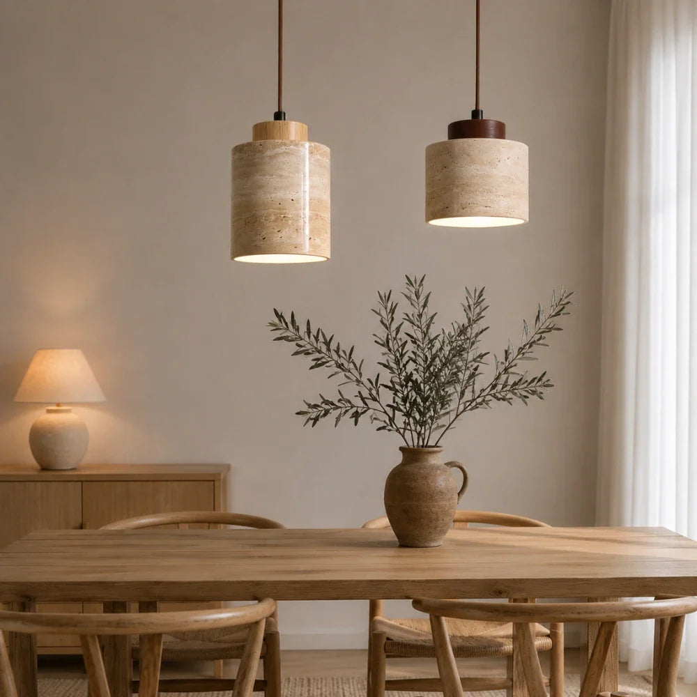 Designed in travertine and wood