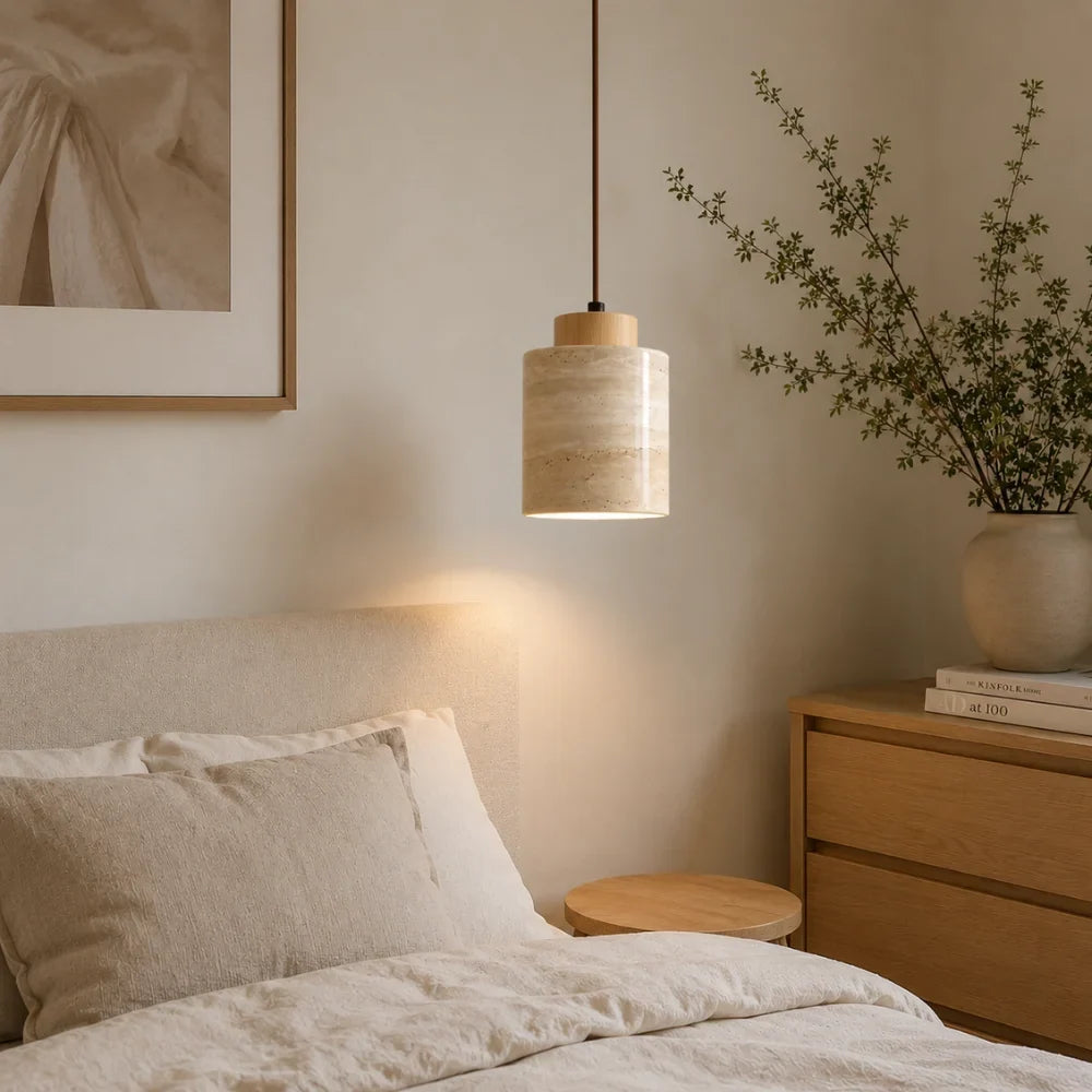 Lumi Travertine & Wood Pendant Light