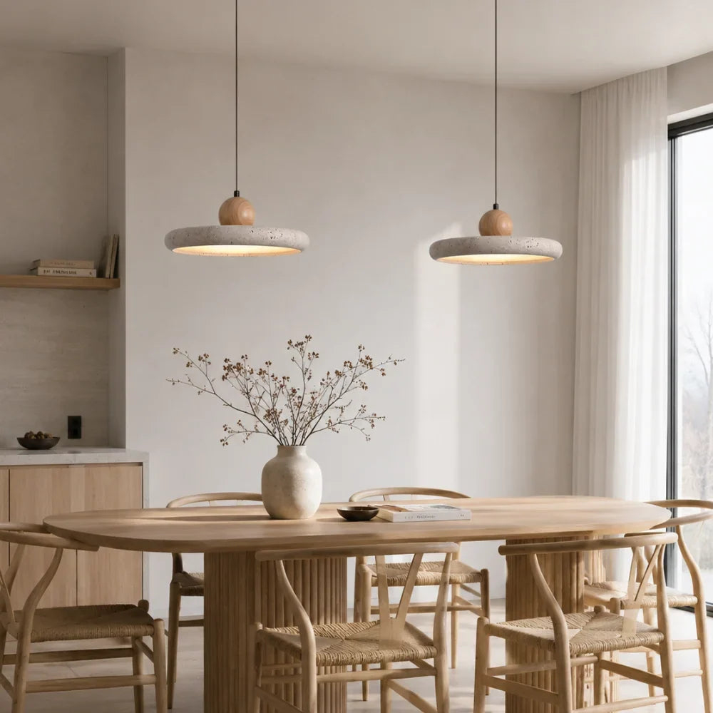 Designed in travertine and wood