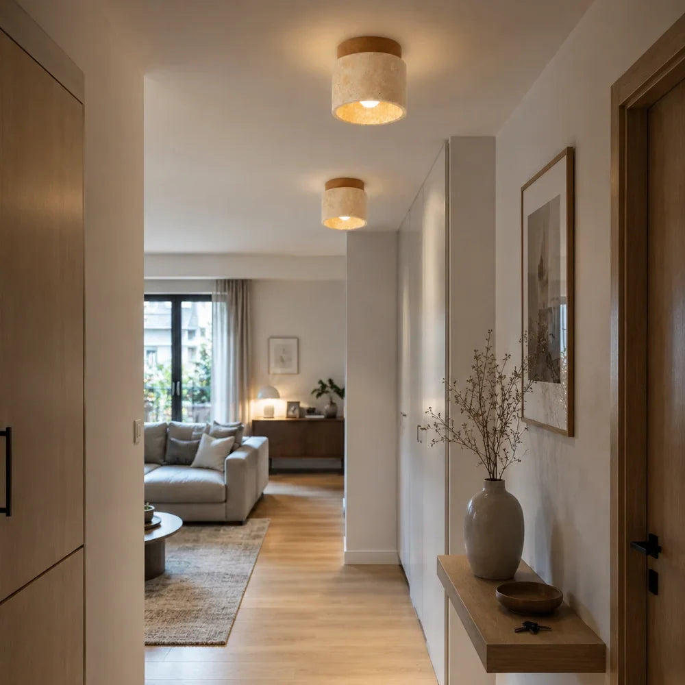 Noor Travertine & Wood Ceiling Light