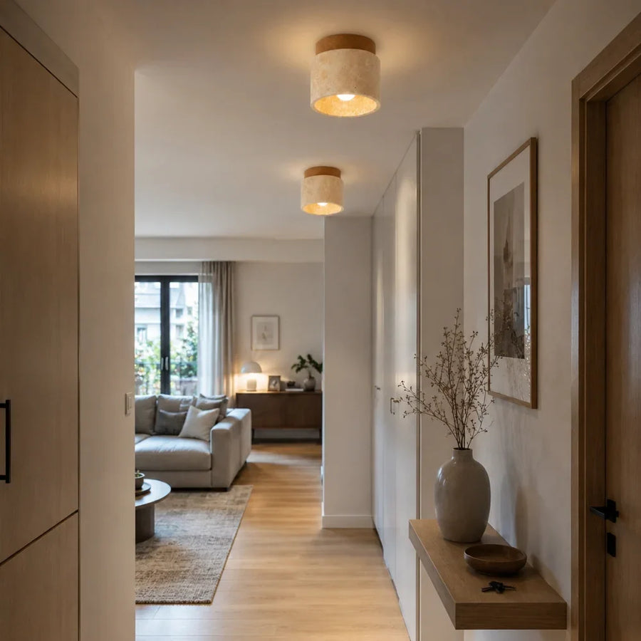 Noor Travertine & Wood Ceiling Light