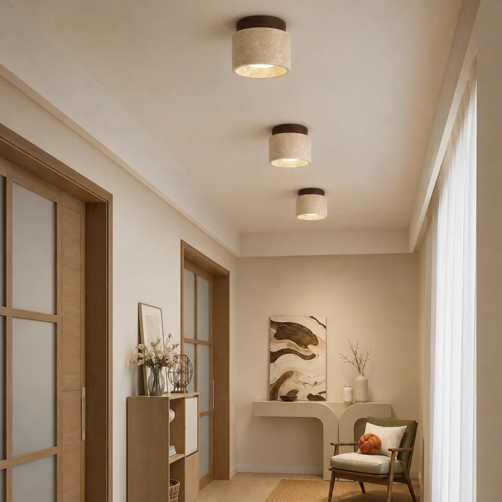 Noor Travertine & Wood Ceiling Light