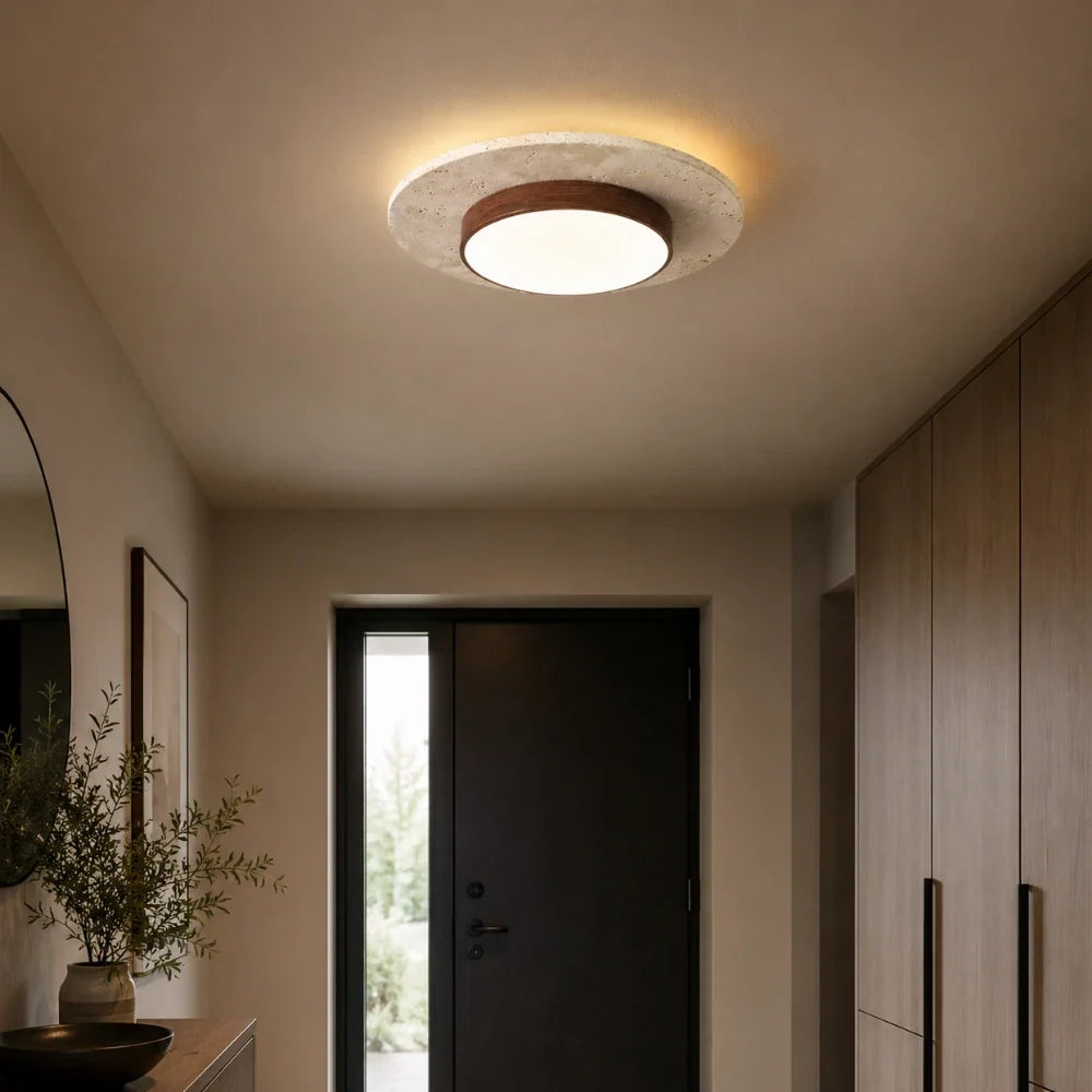 Nerio LED Travertine & Wood Ceiling Light