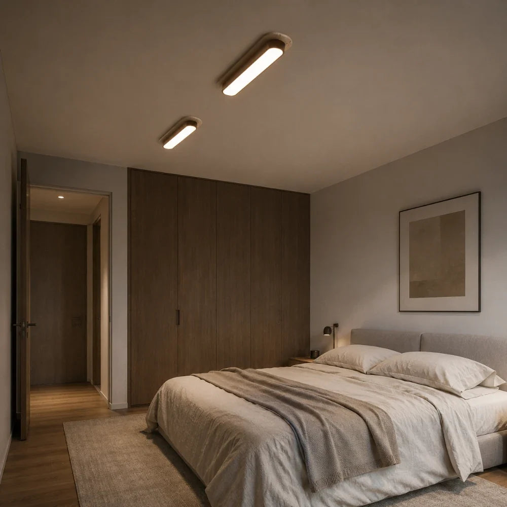 Soraï LED Travertine & Wood Ceiling Light