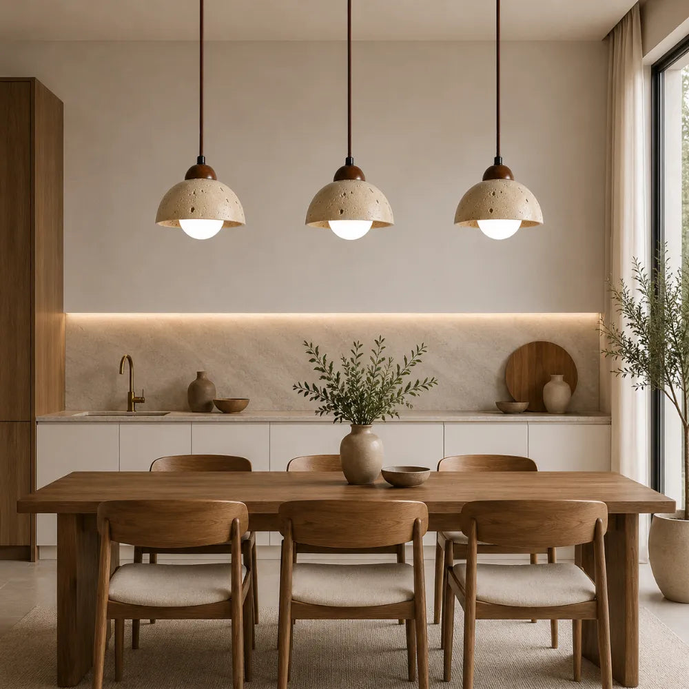 Porvoo Travertine & Wood Pendant Light