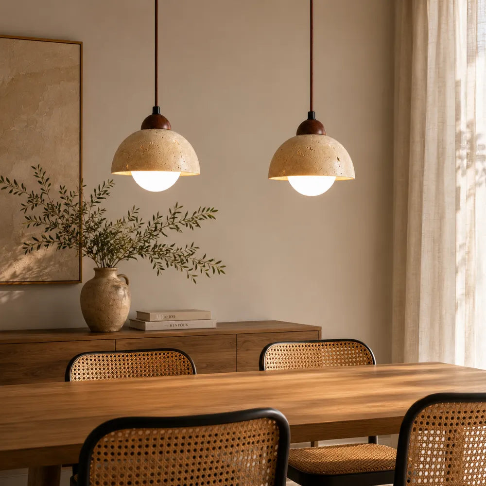 Porvoo Travertine & Wood Pendant Light