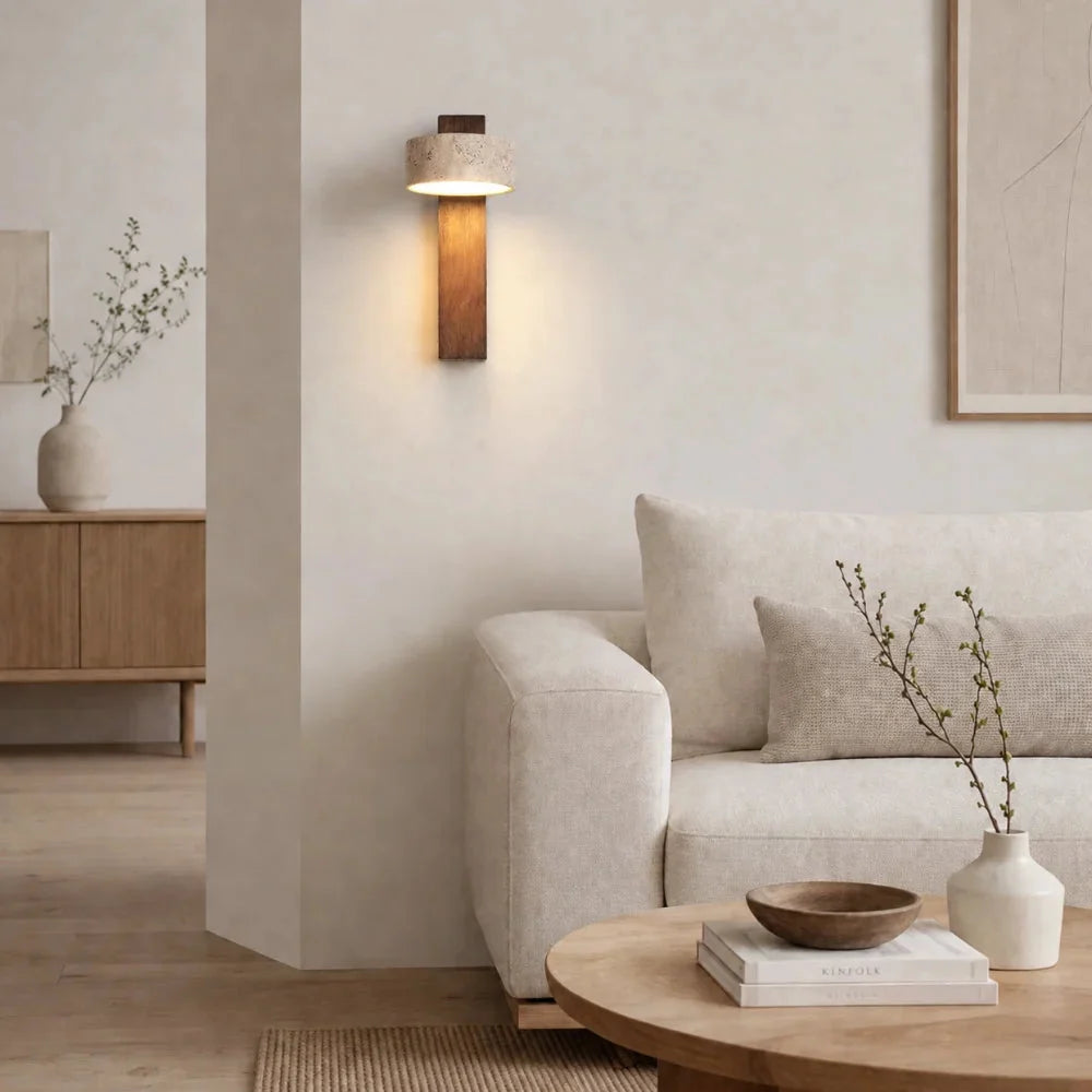 Designed in travertine and wood