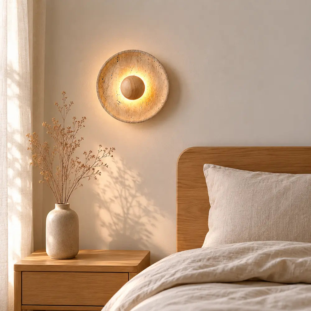 Stona LED Travertine & Wood Wall Light