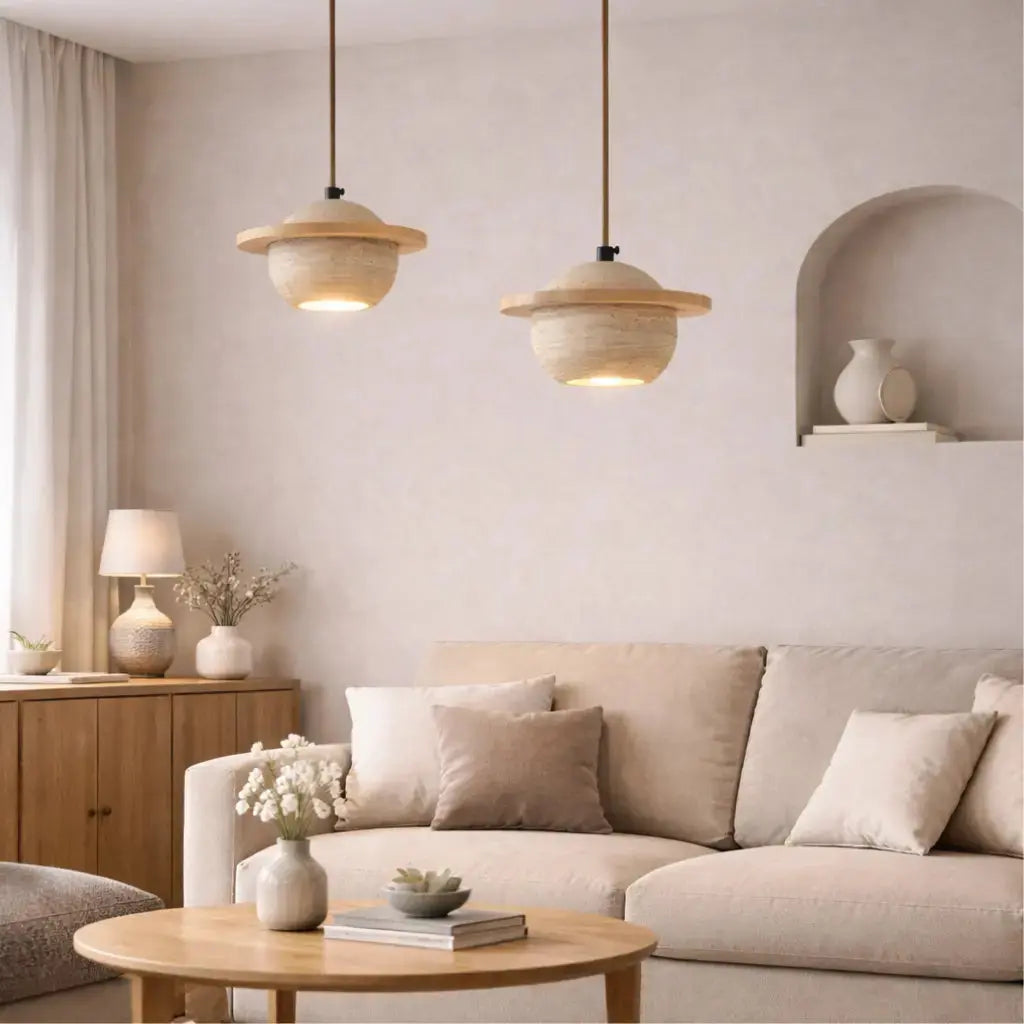 Svala Travertine & Wood Pendant Light
