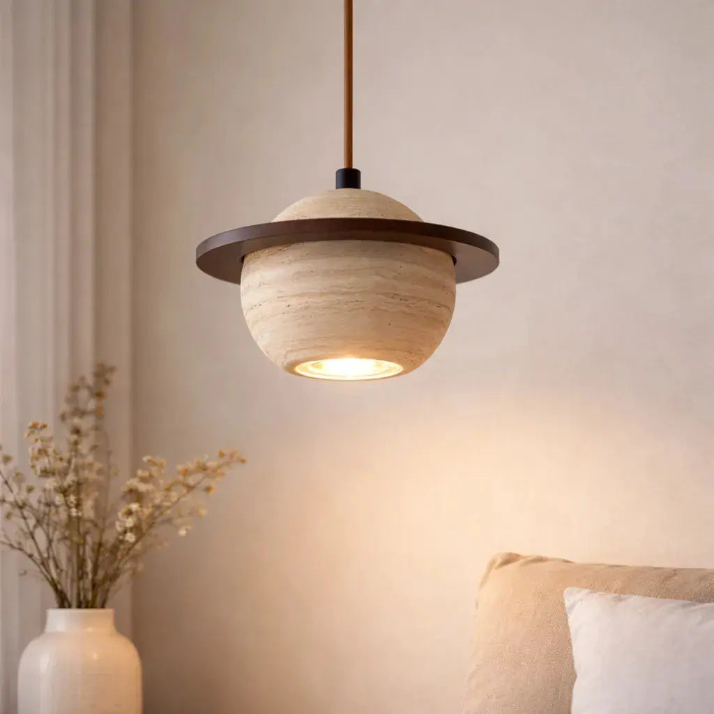 Svala Travertine & Wood Pendant Light