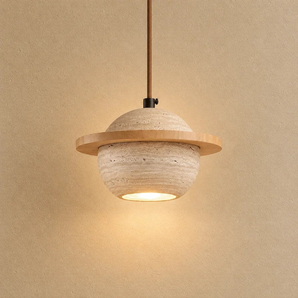 Svala Travertine & Wood Pendant Light