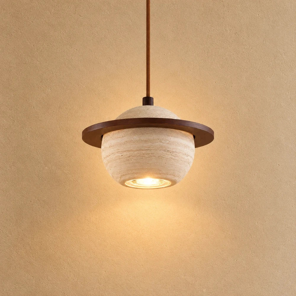 Svala Travertine & Wood Pendant Light