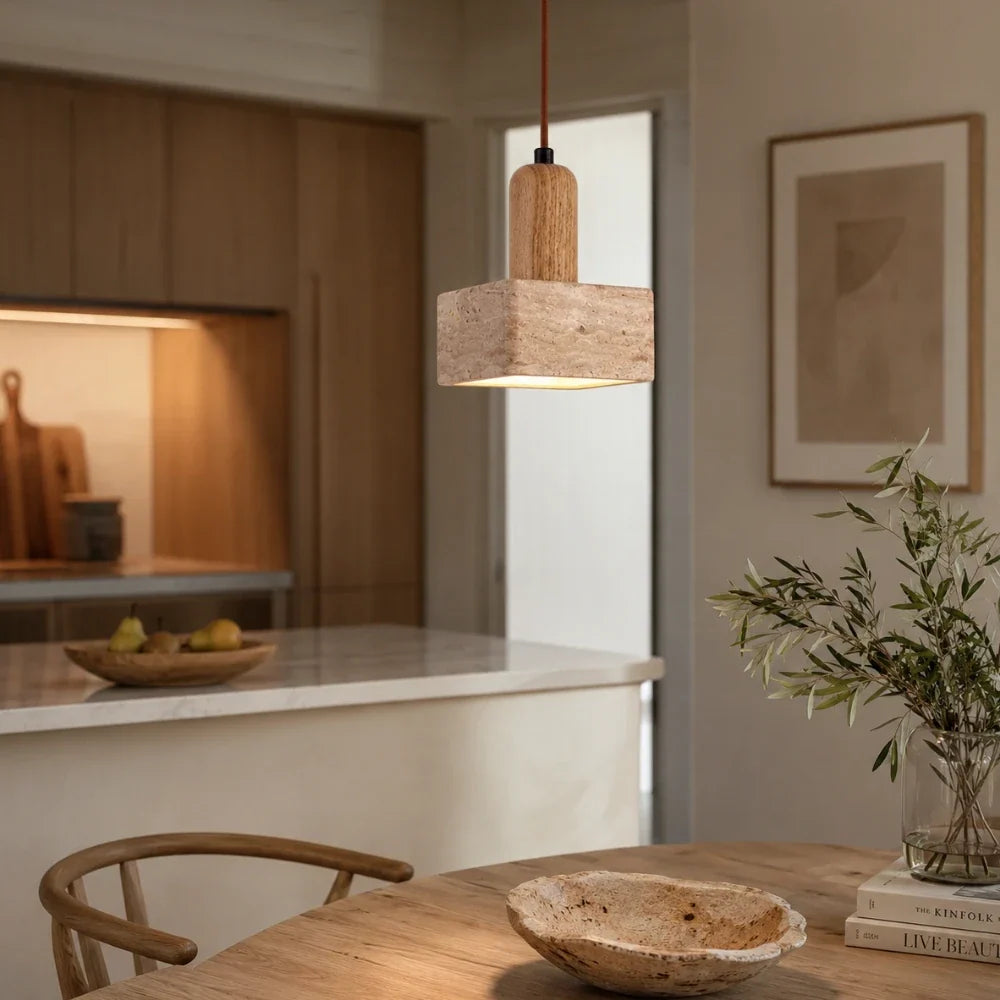 Tyra Travertine & Wood Pendant Light