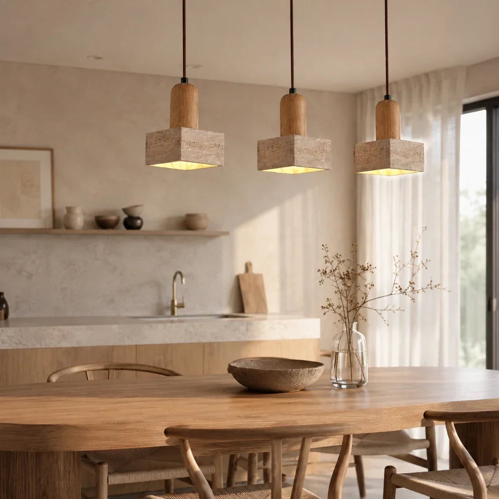 Tyra Travertine & Wood Pendant Light